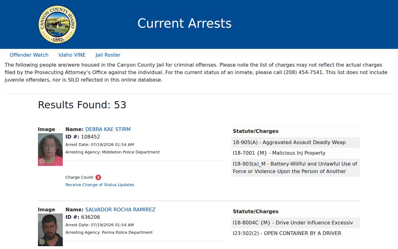 Canyon County arrest history Current Arrests interface