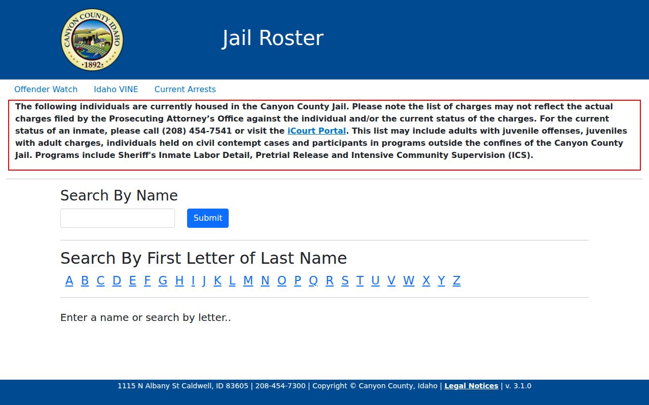 Canyon County arrest history Jail Roster search