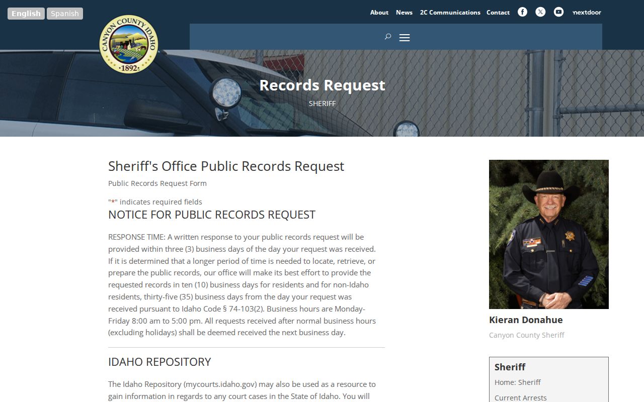Canyon County arrest history Sheriff online request