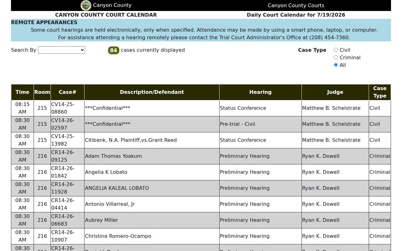 Canyon County criminal court cases daily calendar