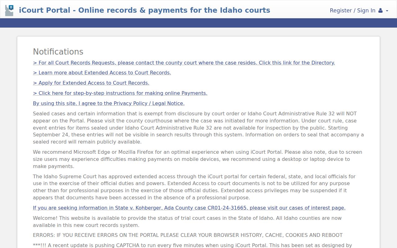 Idaho iCourt search for Canyon County criminal court cases