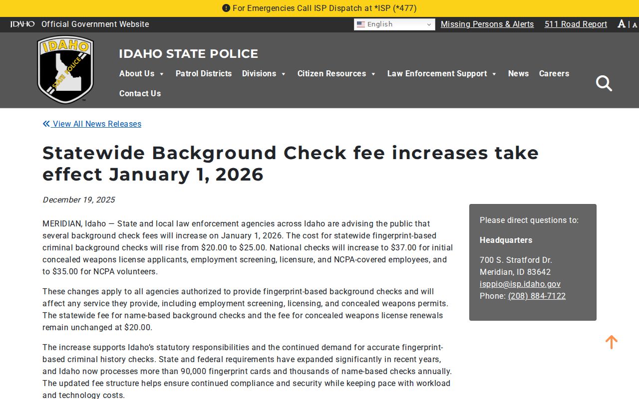 2026 Idaho background check fees for Canyon County