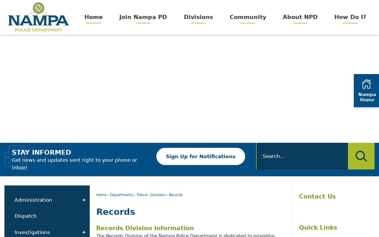 Nampa criminal records page for the Police Records unit